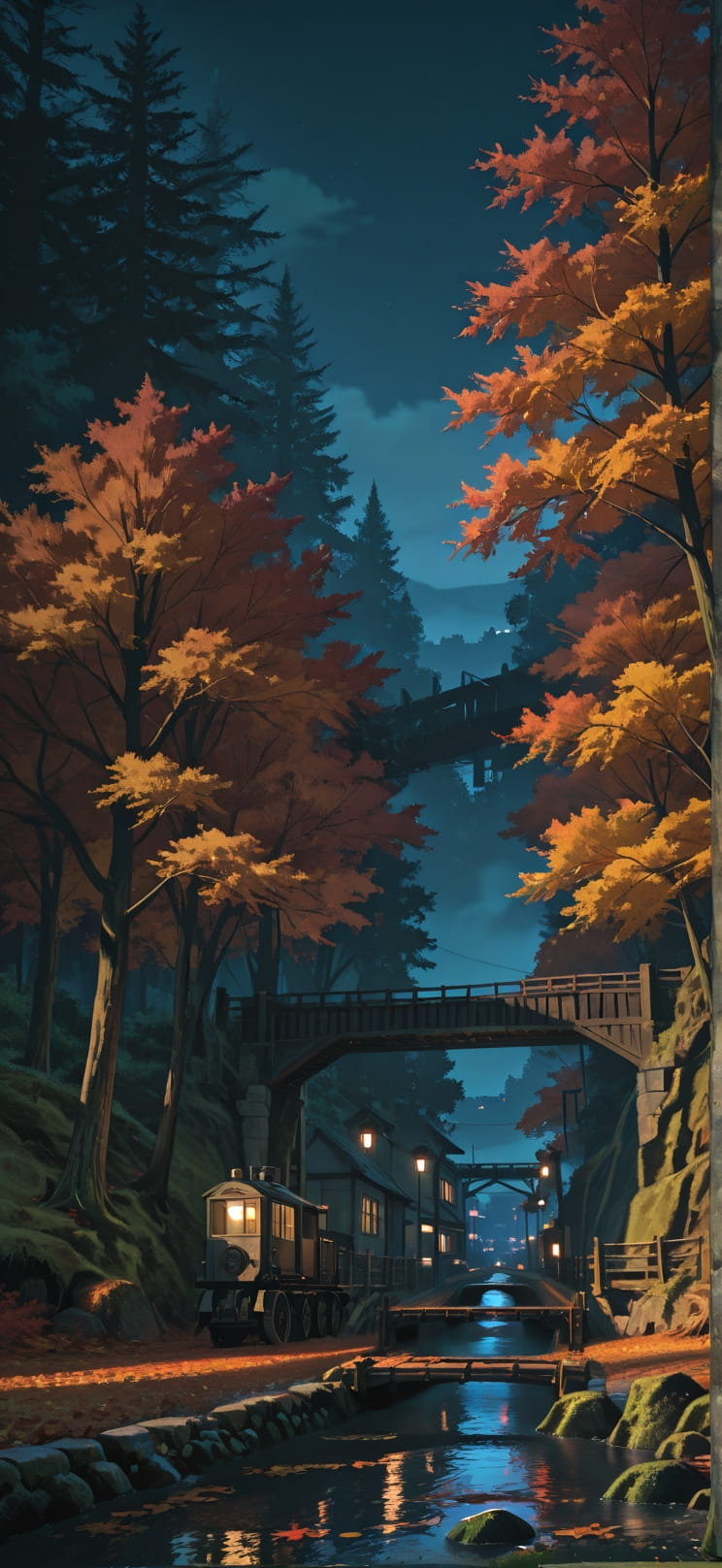 Timber Green Night City Autumn Machine mobile wallpaper / スマホ壁紙