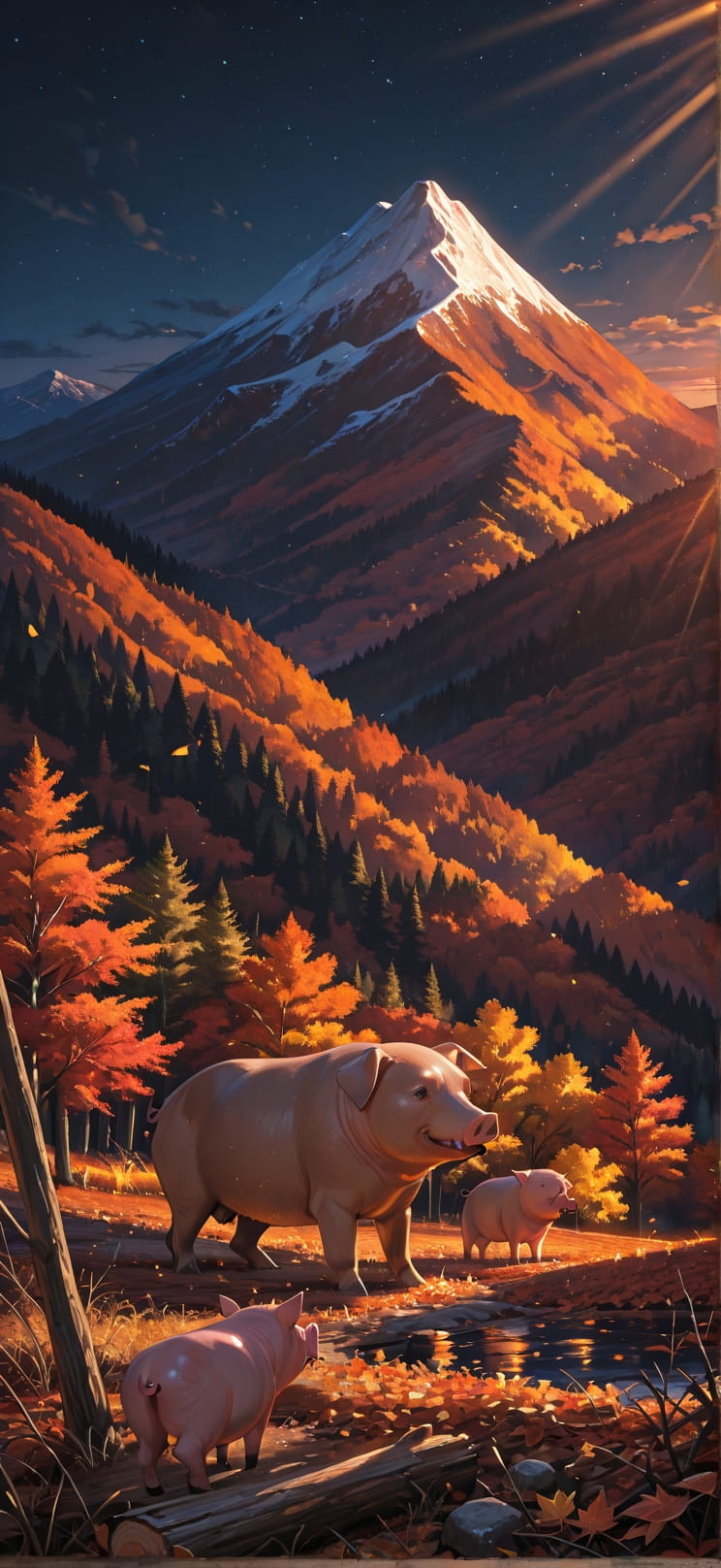 Timber Orange Night Mountain Autumn Animal mobile wallpaper / スマホ壁紙