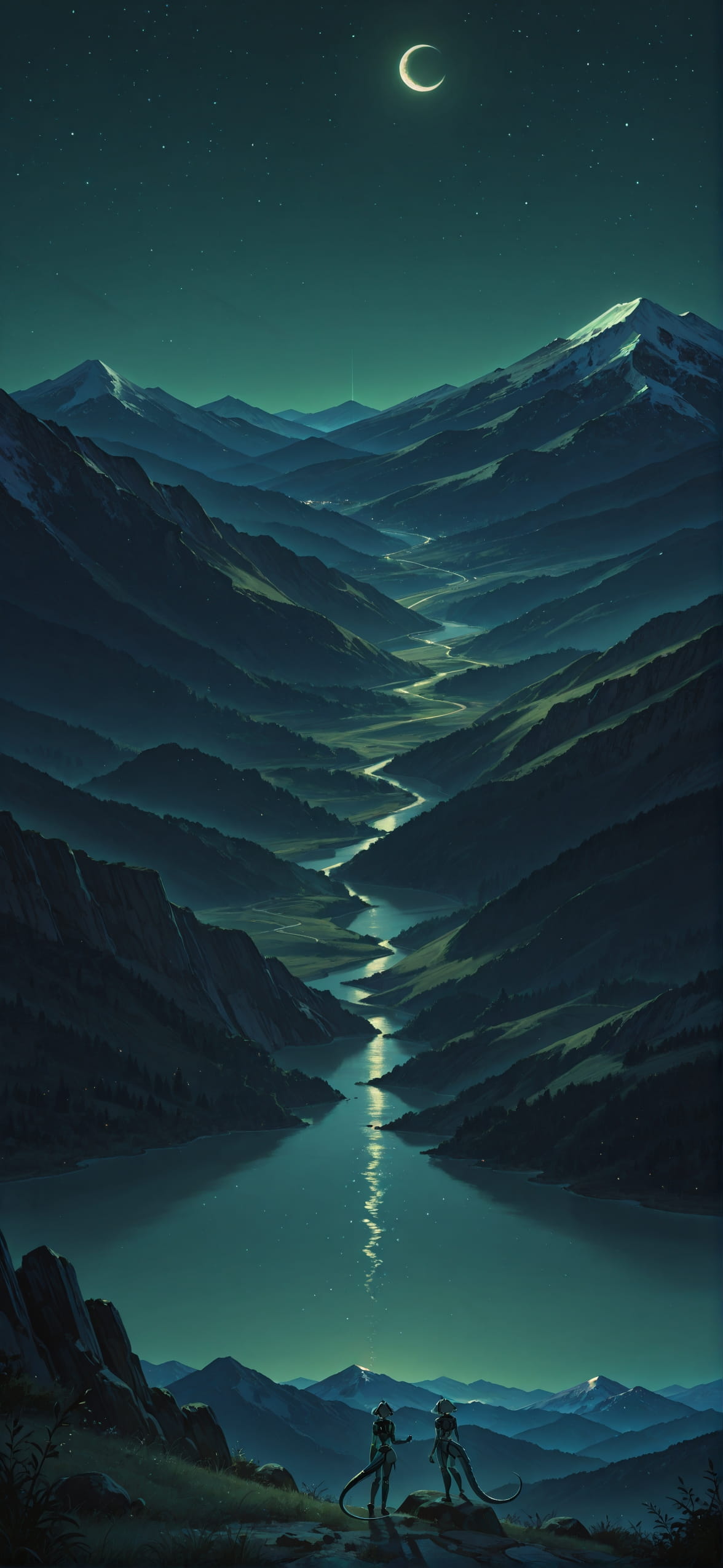Waningcrescent Green Night Mountain Spring Animal Machine mobile wallpaper / スマホ壁紙