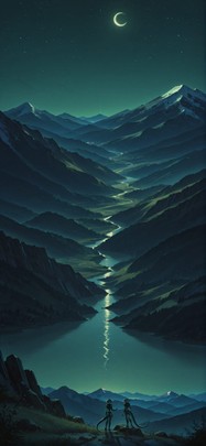 Waningcrescent Green Night Mountain Spring Animal Machine mobile wallpaper / スマホ壁紙