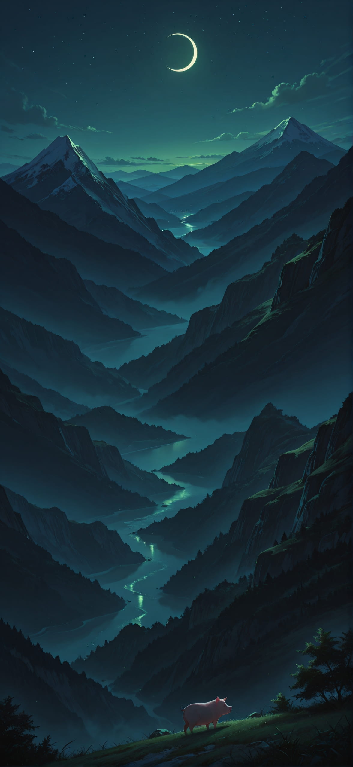 Waningcrescent Green Night Mountain Summer Animal mobile wallpaper / スマホ壁紙