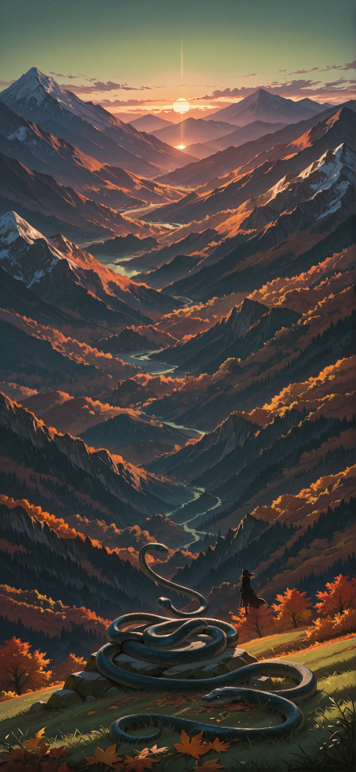 Waningcrescent Green Sunset Mountain Autumn Animal mobile wallpaper / スマホ壁紙