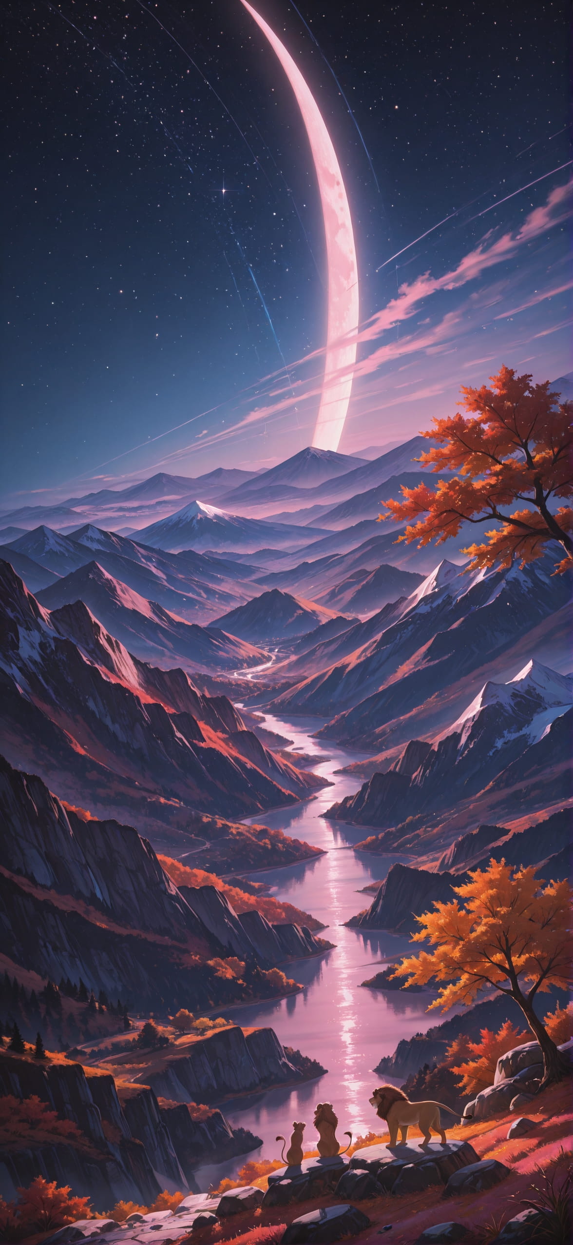 Waningcrescent Pink Night Mountain Autumn Animal mobile wallpaper / スマホ壁紙