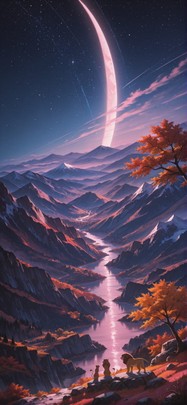 Waningcrescent Pink Night Mountain Autumn Animal mobile wallpaper / スマホ壁紙