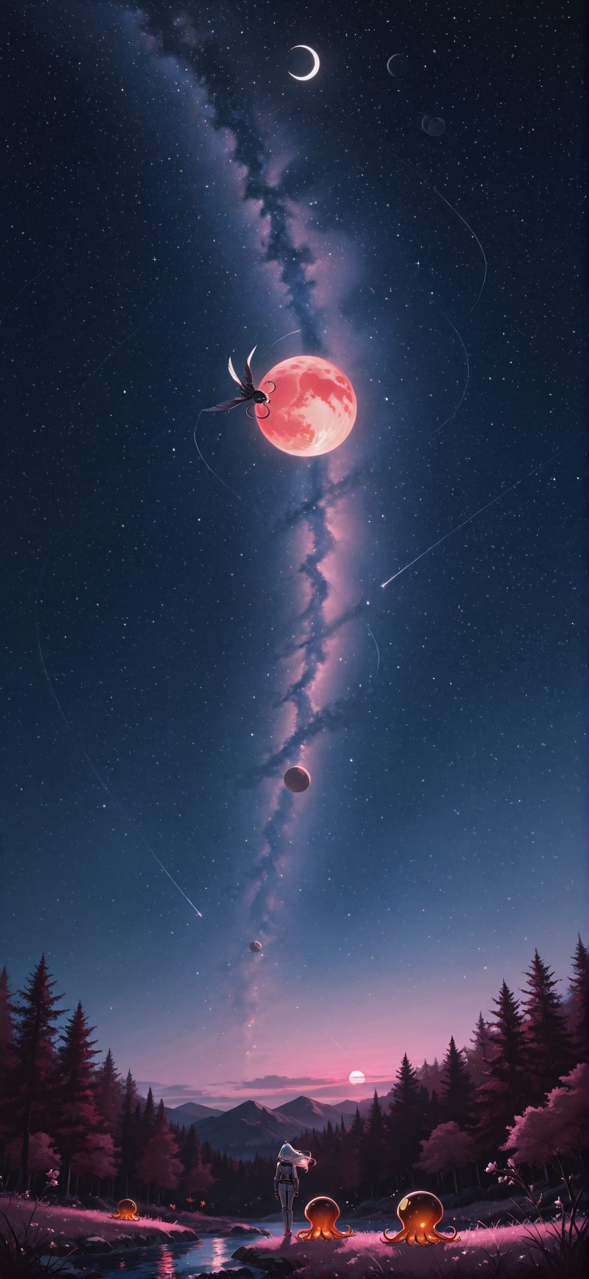 Waningcrescent Pink Night Nature Spring Animal Machine mobile wallpaper / スマホ壁紙