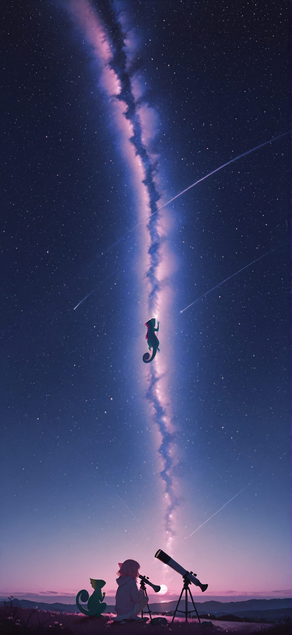 Waningcrescent Pink Night Sky Spring Animal mobile wallpaper / スマホ壁紙