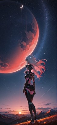 Waningcrescent Pink Sunset Mountain Autumn Animal Machine mobile wallpaper / スマホ壁紙