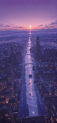 Waningcrescent Purple Sunset City Winter mobile wallpaper / スマホ壁紙