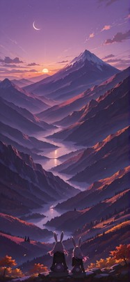 Waningcrescent Purple Sunset Mountain Autumn Animal mobile wallpaper / スマホ壁紙