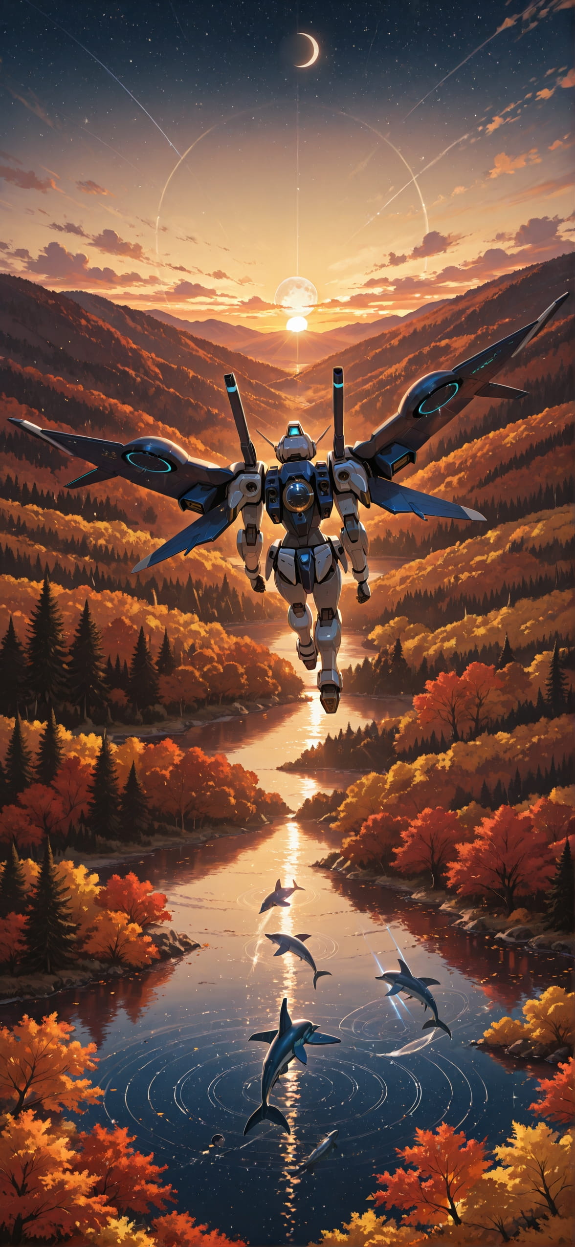 Waningcrescent Yellow Sunset Nature Autumn Animal Machine mobile wallpaper / スマホ壁紙