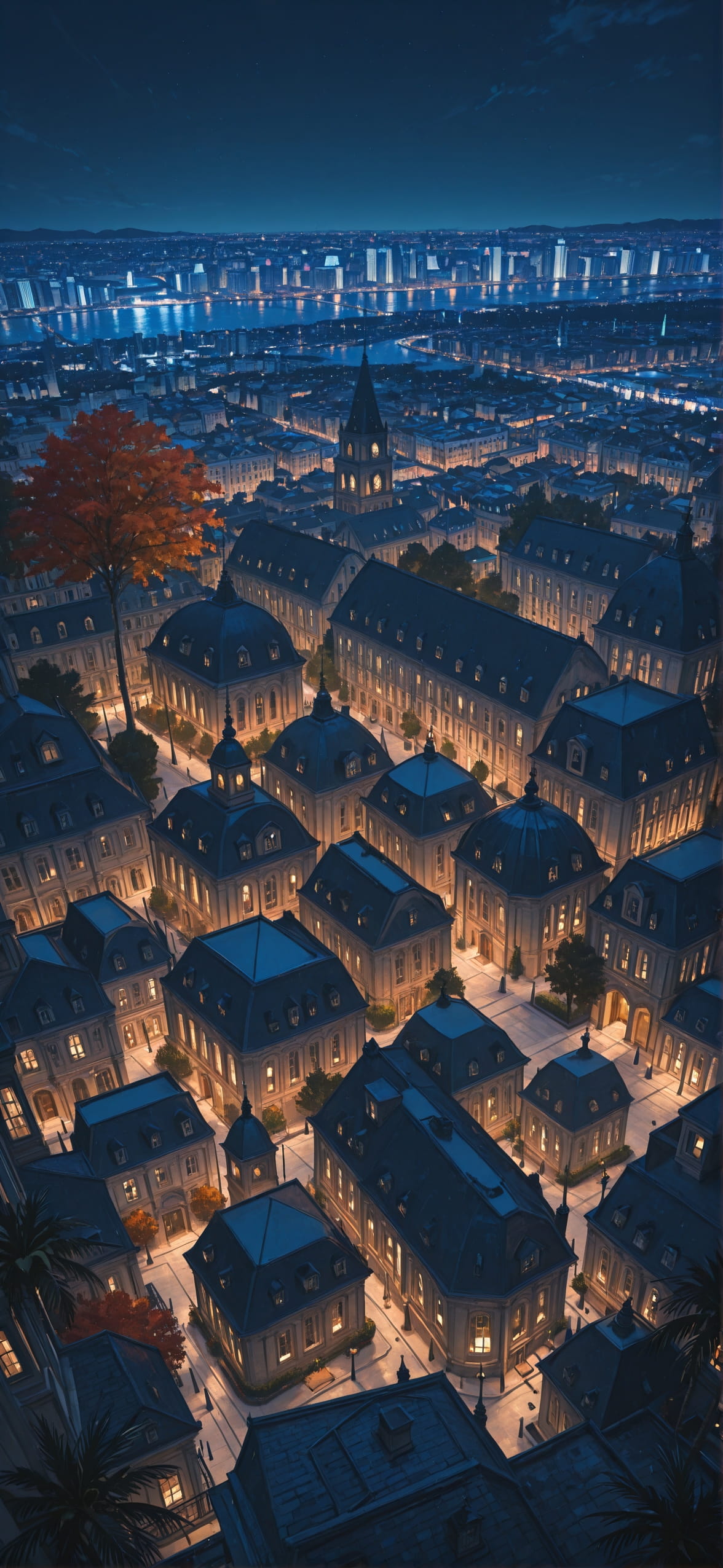 Palm Blue Night City Autumn mobile wallpaper / スマホ壁紙