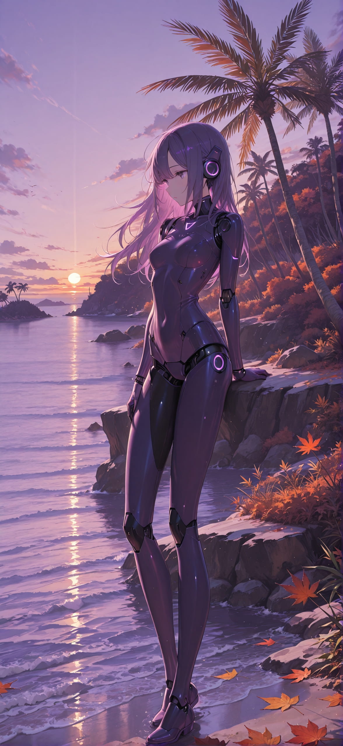 Palm Purple Afternoon Sea Autumn Machine mobile wallpaper / スマホ壁紙