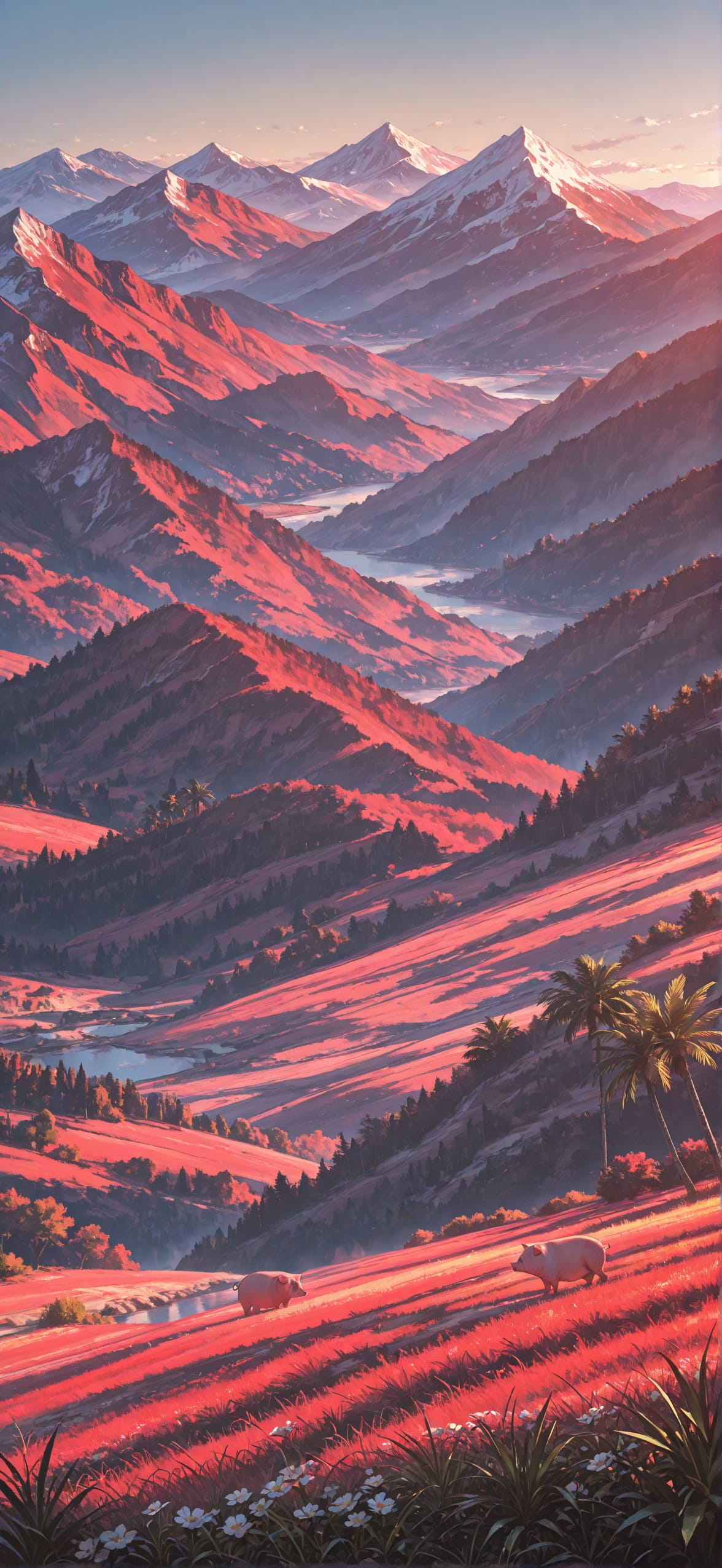 Palm Red Afternoon Mountain Spring Animal mobile wallpaper / スマホ壁紙