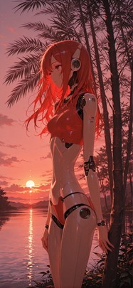 Palm Red Sunset Sea Summer Machine mobile wallpaper / スマホ壁紙
