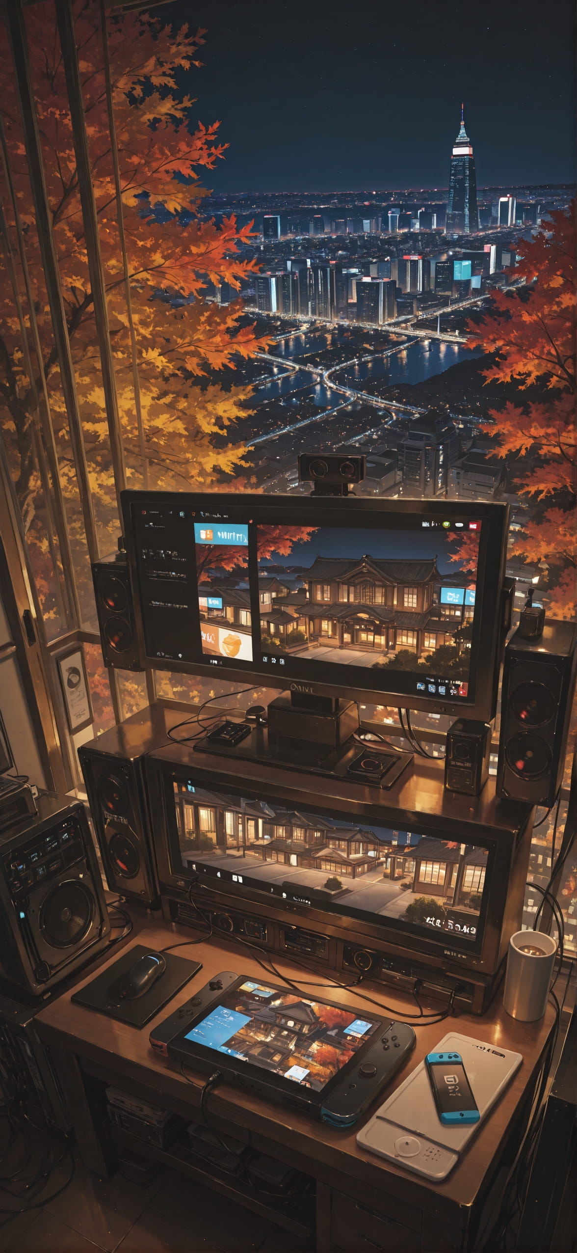 Switch2 Brown Night City Autumn Machine mobile wallpaper / スマホ壁紙