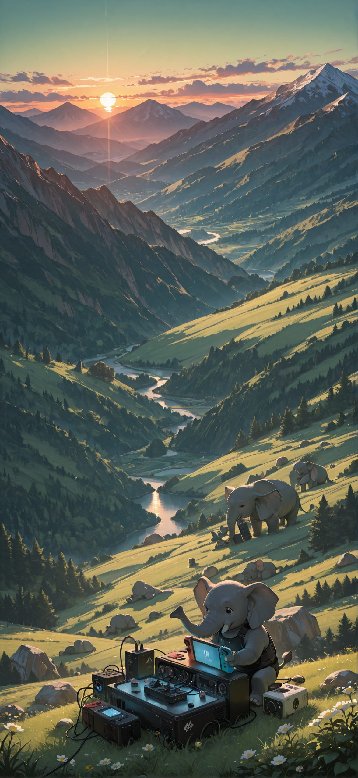 Switch2 Green Sunset Mountain Spring Animal Machine mobile wallpaper / スマホ壁紙