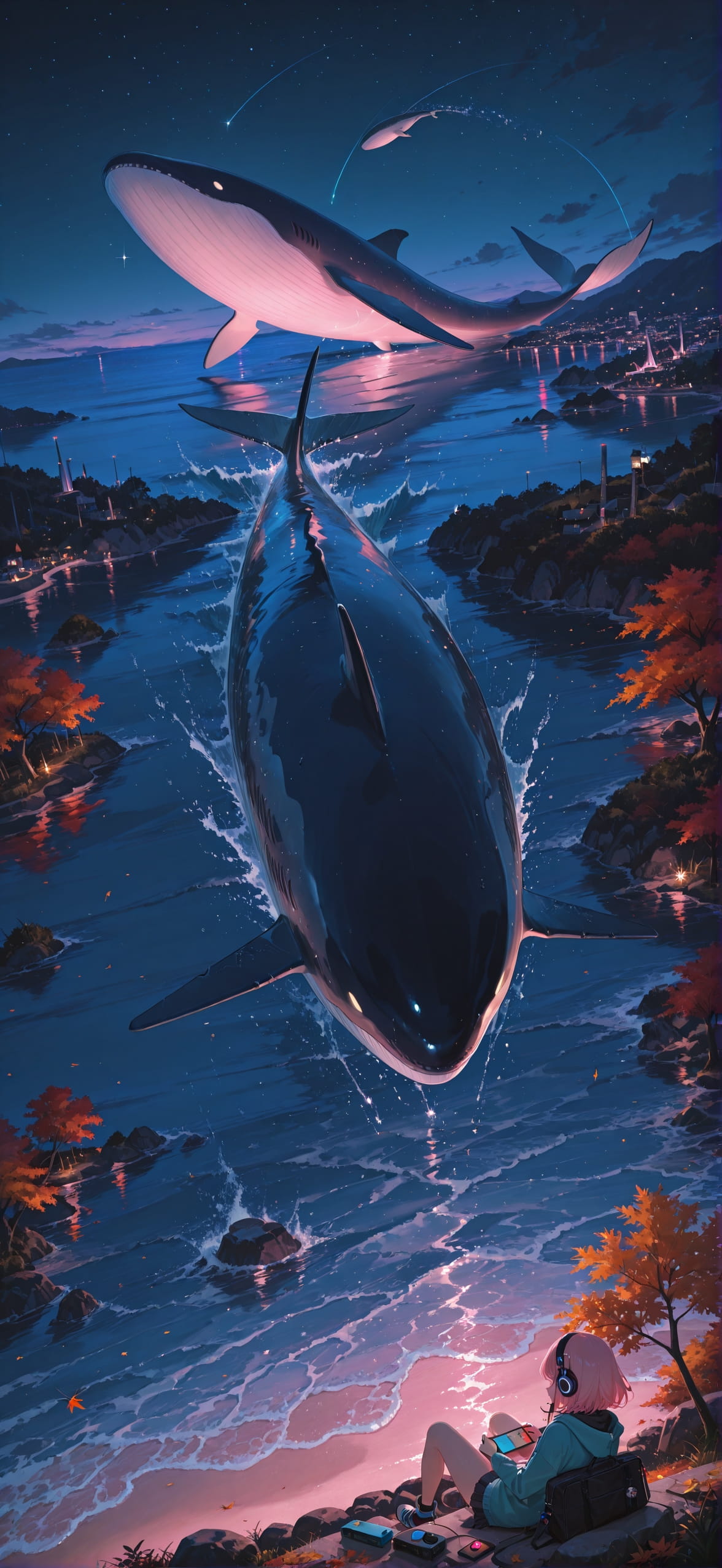 Switch2 Pink Night Sea Autumn Animal mobile wallpaper / スマホ壁紙