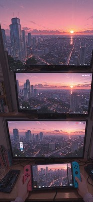 Switch2 Pink Sunset City Spring mobile wallpaper / スマホ壁紙