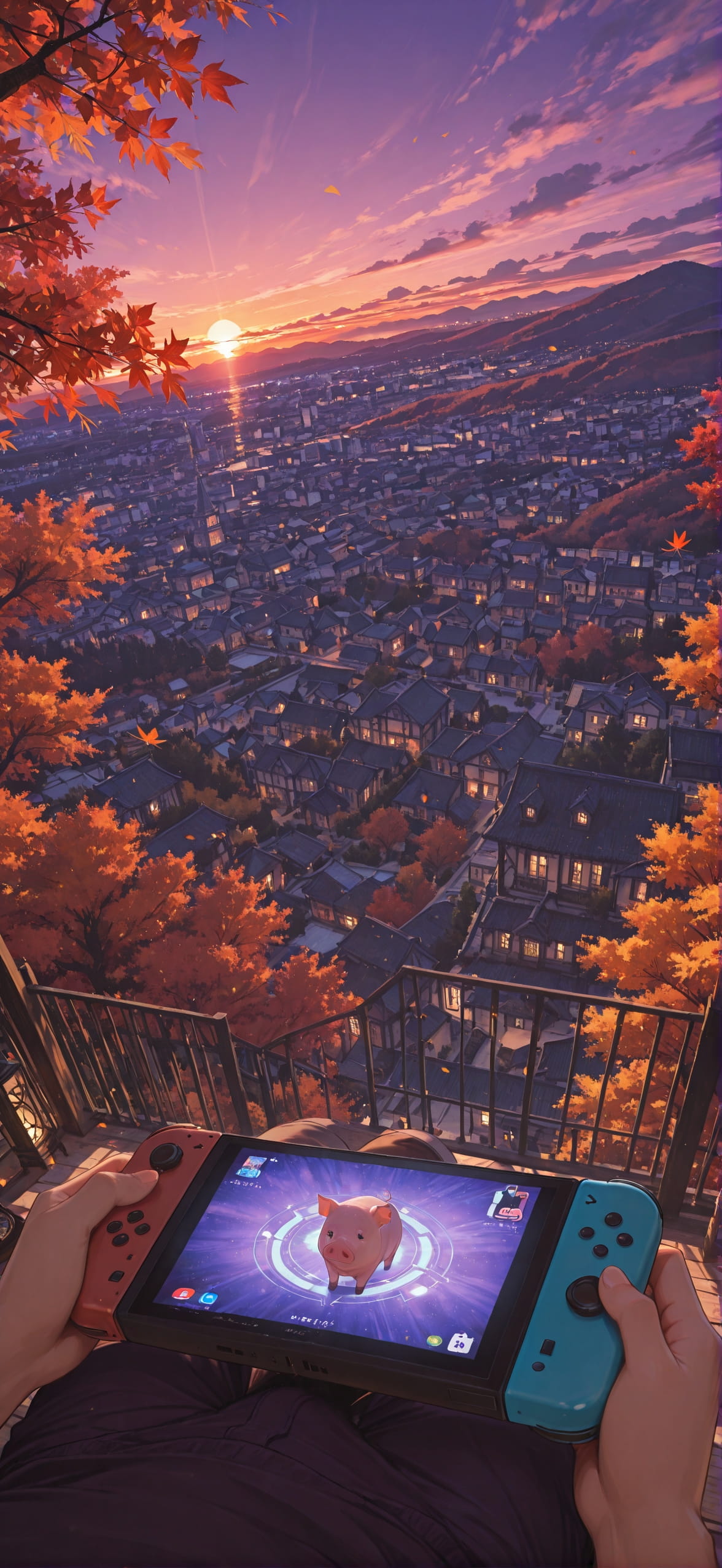 Switch2 Purple Sunset City Autumn Animal mobile wallpaper / スマホ壁紙