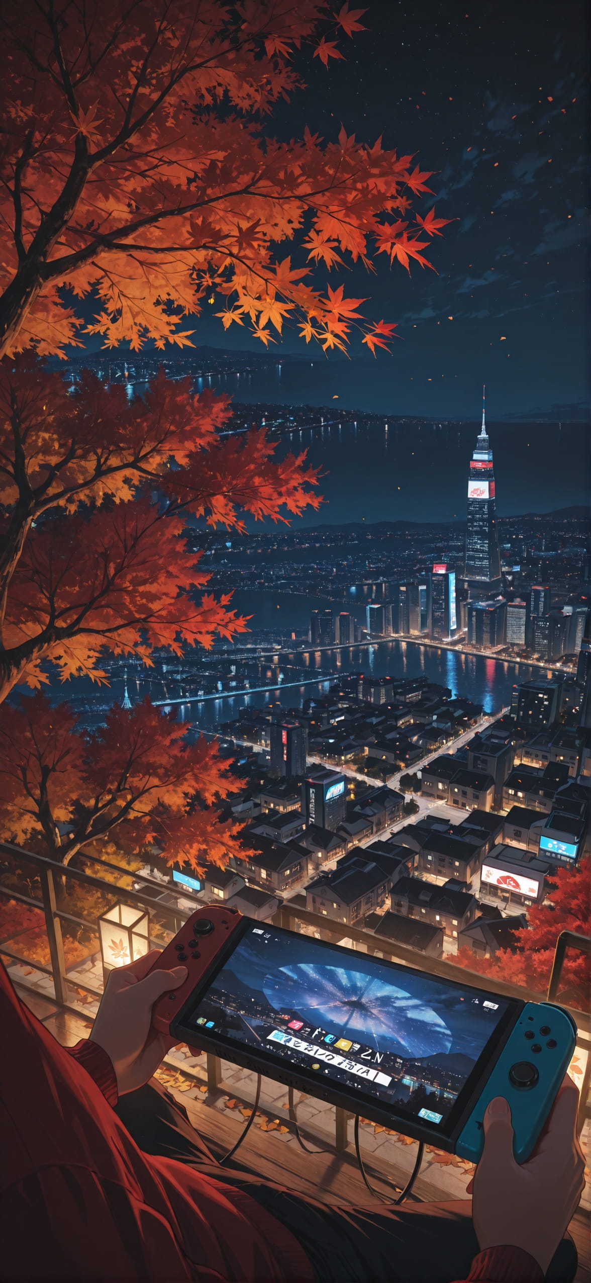 Switch2 Red Night City Autumn mobile wallpaper / スマホ壁紙