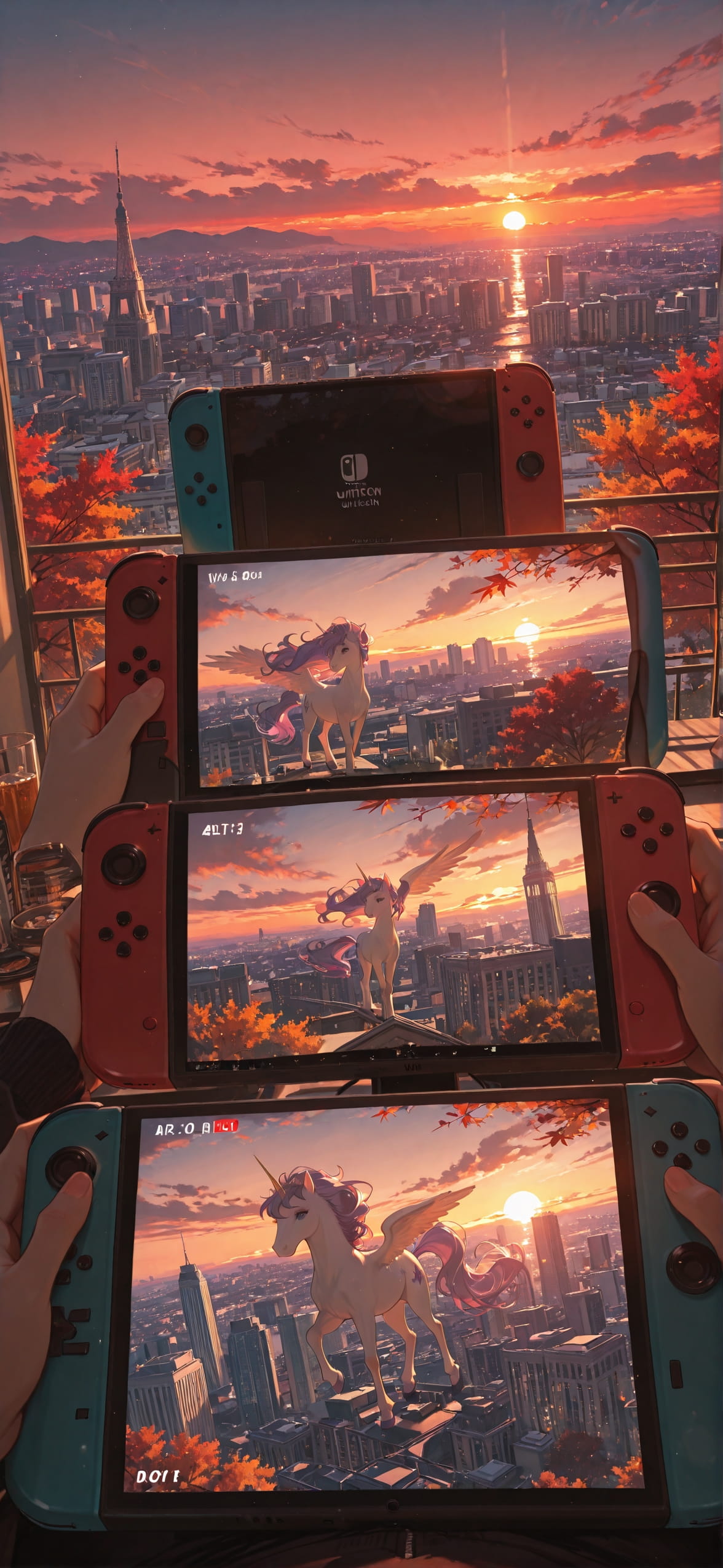 Switch2 Red Sunset City Autumn Animal mobile wallpaper / スマホ壁紙
